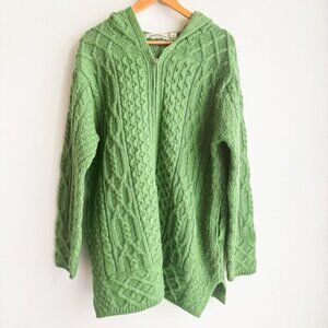 Aran Crafts Green Chunky Cableknit Zip up Cardigan w Hood  100% Wool L
